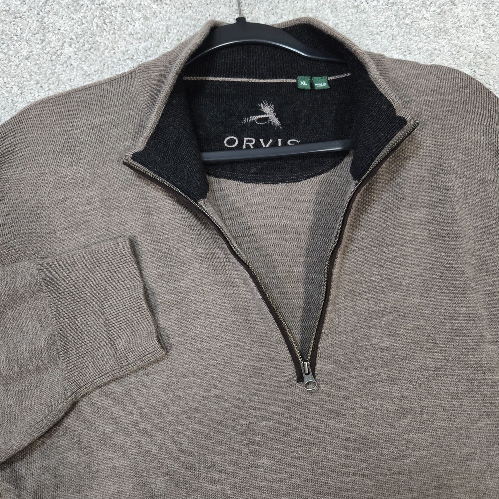 Orvis Men's XL 100% Merino Wool Quarter-Zip Grey/brown